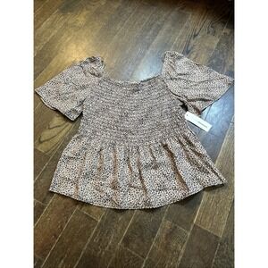 URBAN ROMANTICS SMOCKED SS TOP, BLOUSE, SHIRT LEOPARD PRINT Size Large NWT